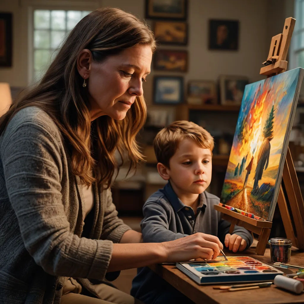 a woman and a boy are painting in a room with a window and a table with a lamp on it, american scene painting, a photorealistic painting, artist, professional digital painting