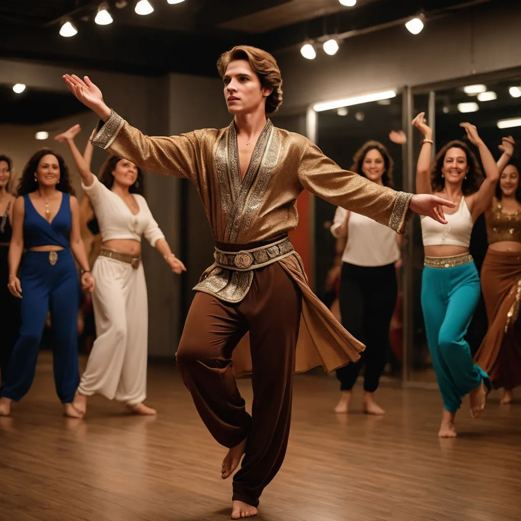 a man in a golden outfit dancing with other people in a dance studio in the background, a woman in a white top and a brown jacket, arabesque, a renaissance painting, Abdullah Gërguri, promotional image