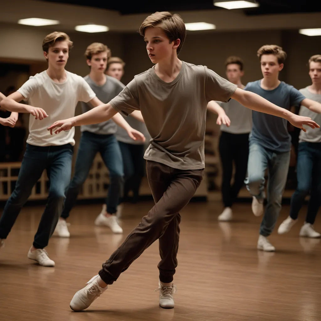a group of young men dancing on a dance floor in a dance studio, with one man in the middle of the group, barbizon school, a renaissance painting, Fabien Charuau, promotional image