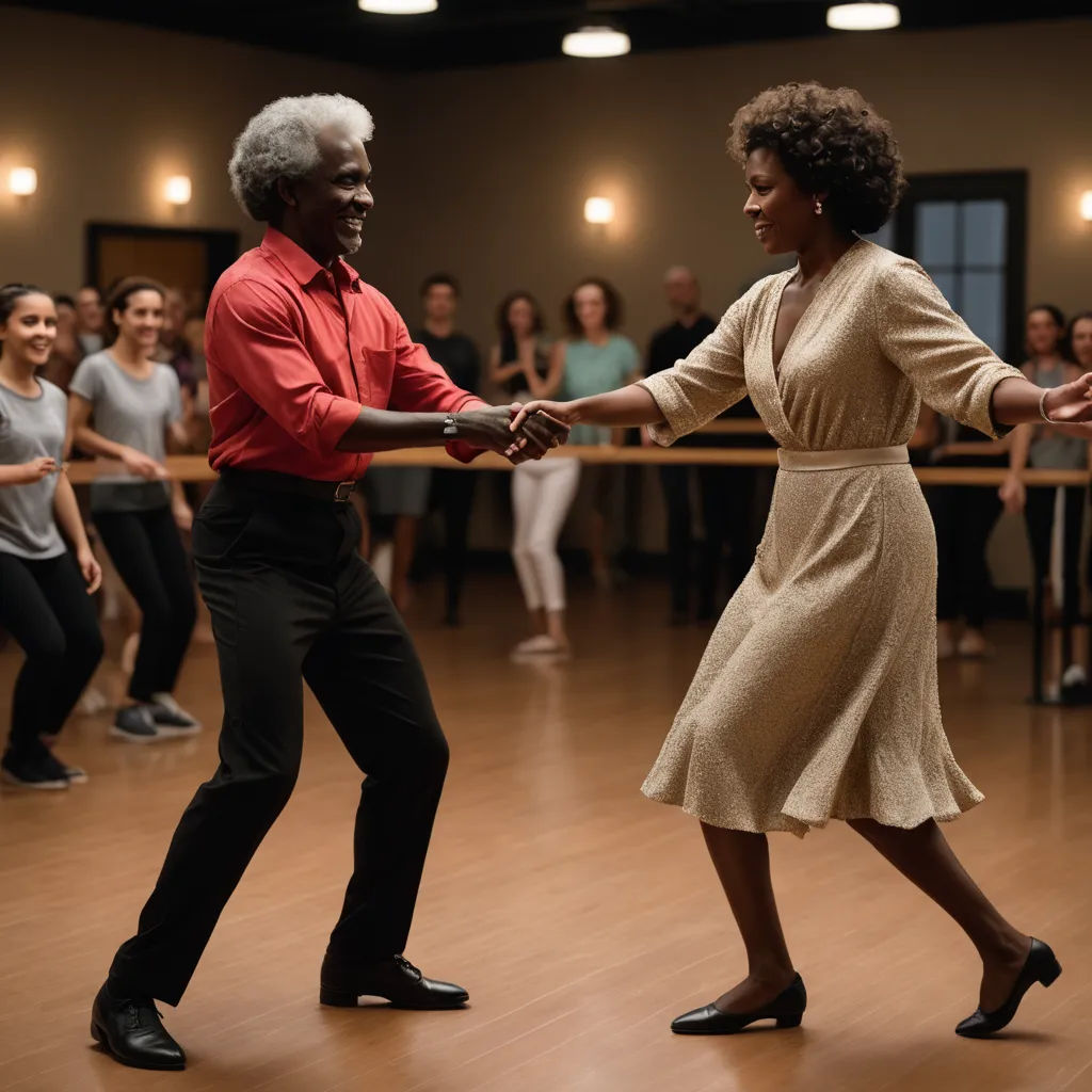 a couple of people that are dancing in a room with people watching them dance together and people standing around, kitsch movement, a colorized photo, Ada Gladys Killins, promotional image