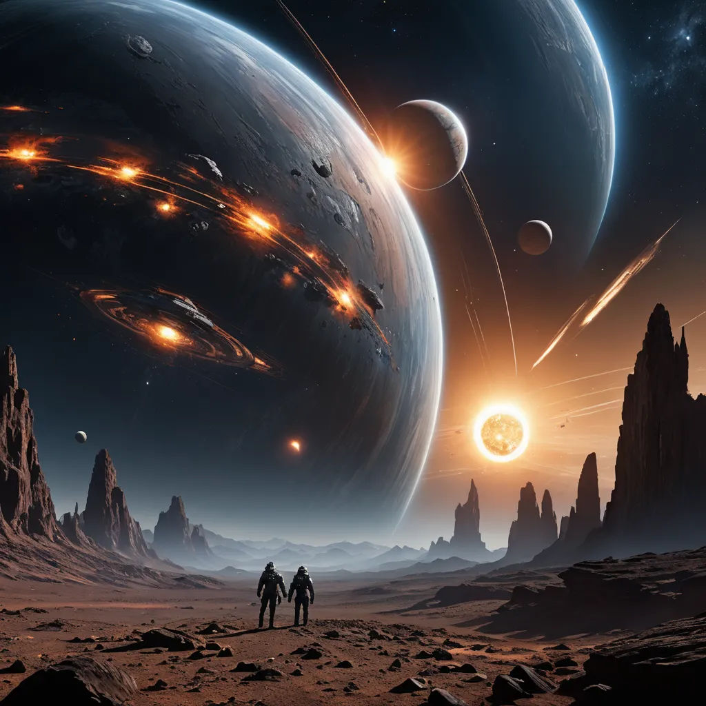 a couple of people standing on top of a desert covered field next to a giant planet with a star cluster, space art, a detailed matte painting, David A. Hardy, space