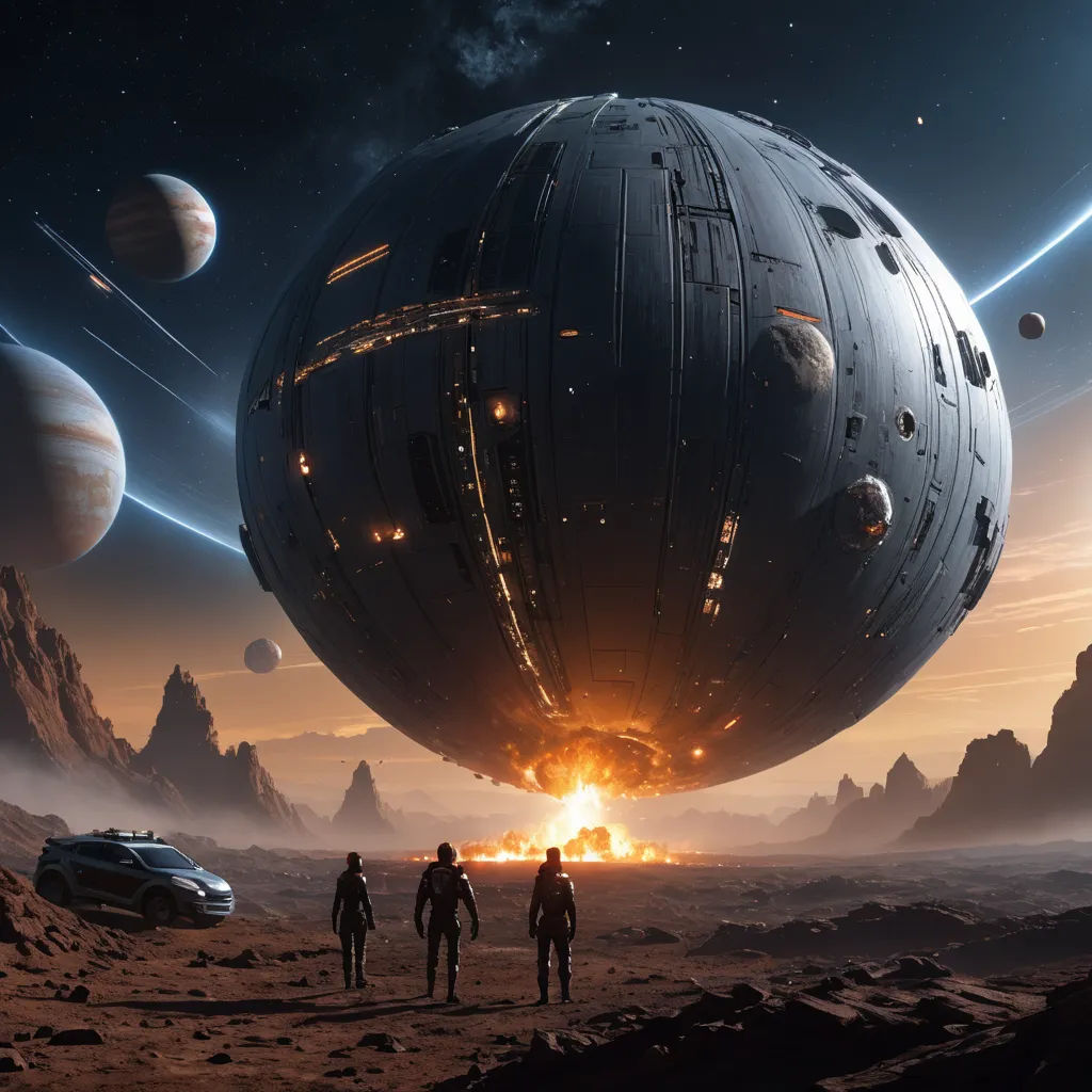 a group of people walking on a desert near a giant object in the sky with planets in the background, space art, a detailed matte painting, Filip Hodas, star citizen halo