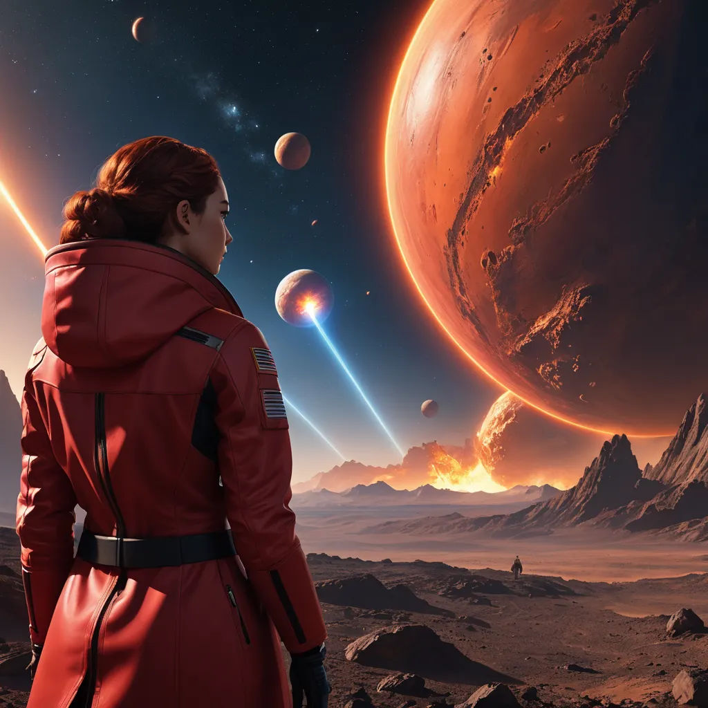 a woman in a red space suit looking at planets in the distance with a red star in the background, space art, concept art, Eve Ryder, promotional image