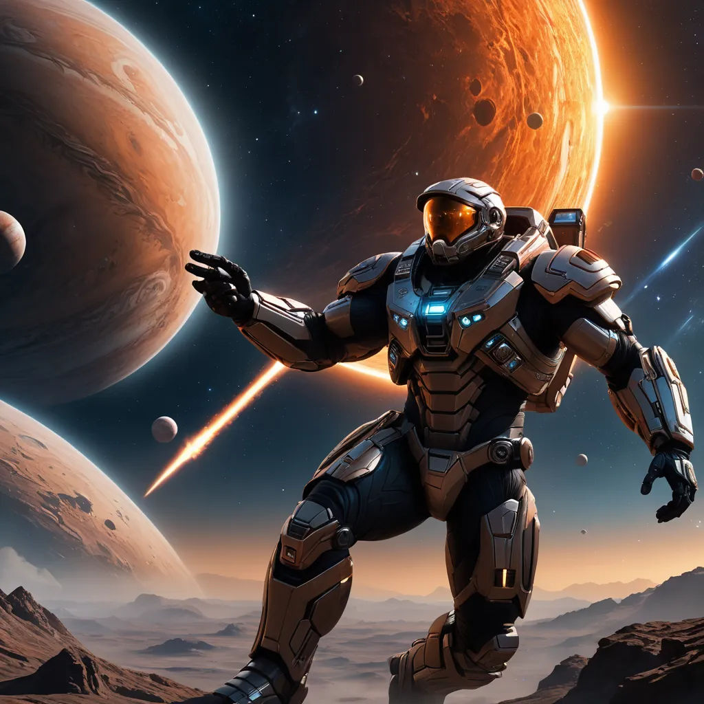 a sci - fil in a space suit is holding a gun in front of a planet with a distant star, space art, concept art, Eve Ryder, star citizen halo