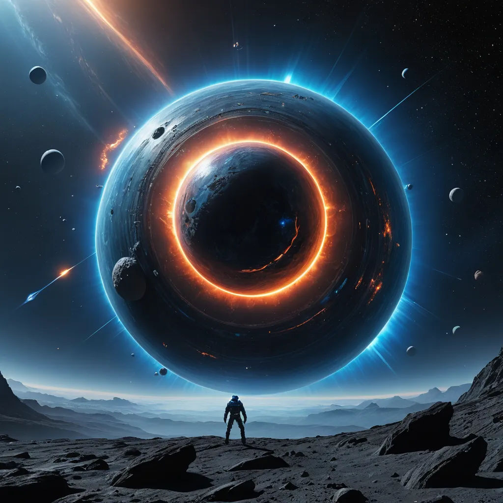 a man standing on a rocky surface in front of a space scene with a ring of fire and planets, space art, a detailed matte painting, Filip Hodas, sci fi