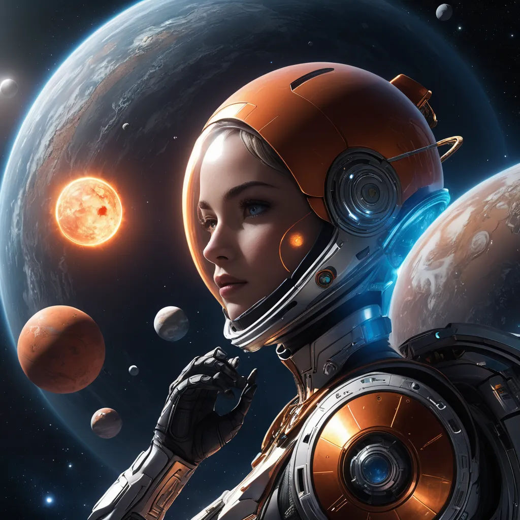 a woman in a space suit standing in front of planets and a sun behind her with a sci - fi helmet on, space art, computer graphics, Eve Ryder, sci fi