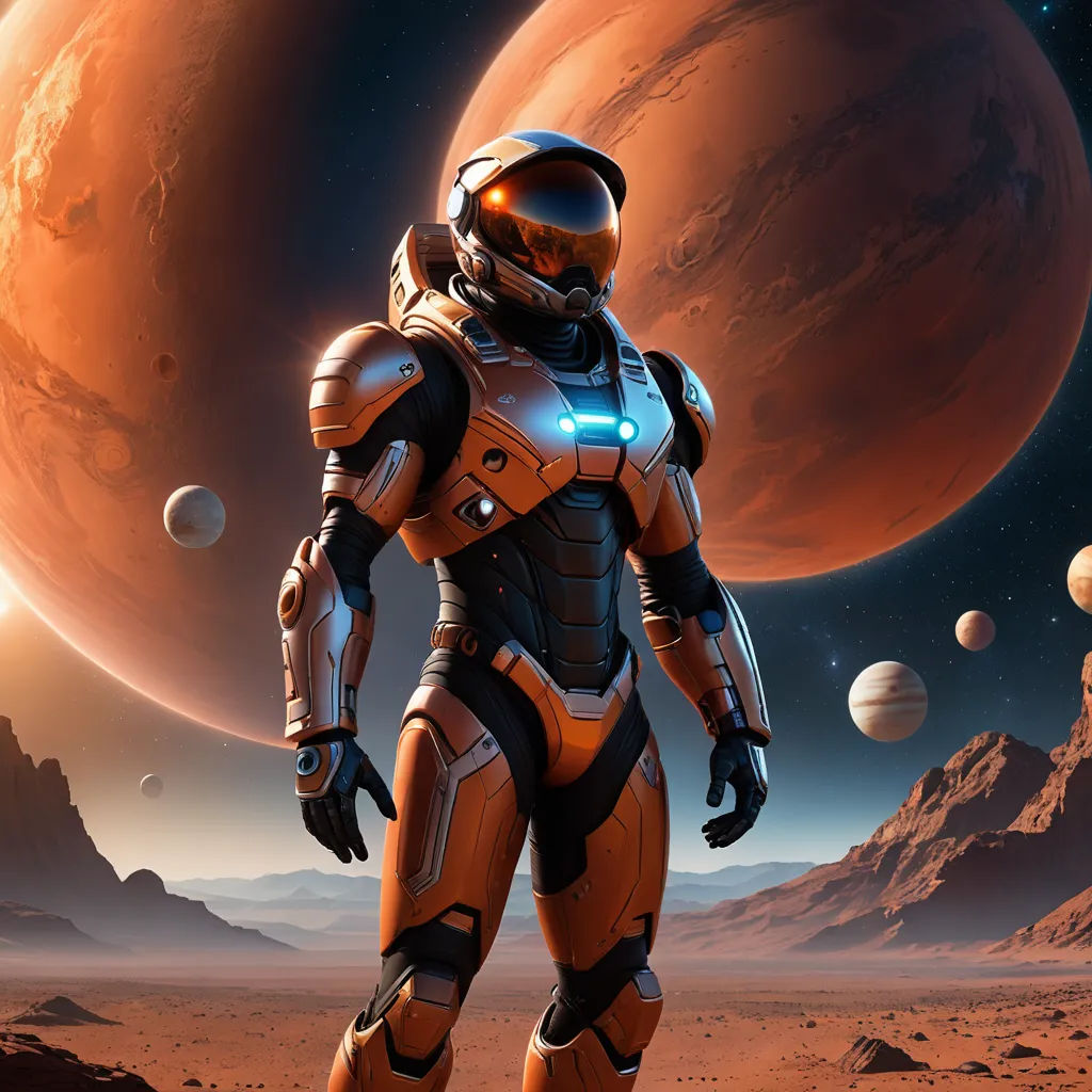 a man in a space suit standing in front of planets and a red planet in the background with a red dwarf, space art, computer graphics, Eve Ryder, star citizen halo