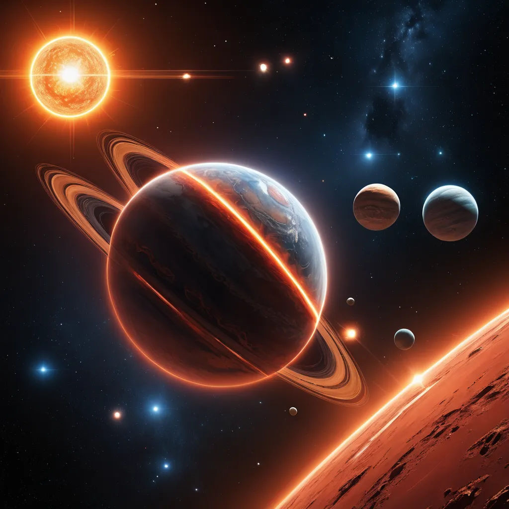 a group of planets in the sky with stars around them and a bright sun in the background with a bright star in the middle, space art, a detailed matte painting, David A. Hardy, planets