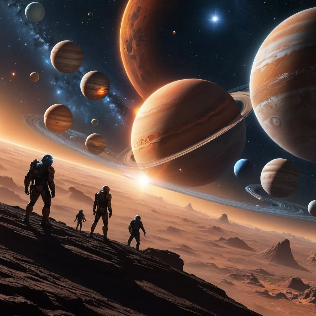 a group of people standing on top of a desert covered field next to planets and stars in the sky, space art, a detailed matte painting, David A. Hardy, planets
