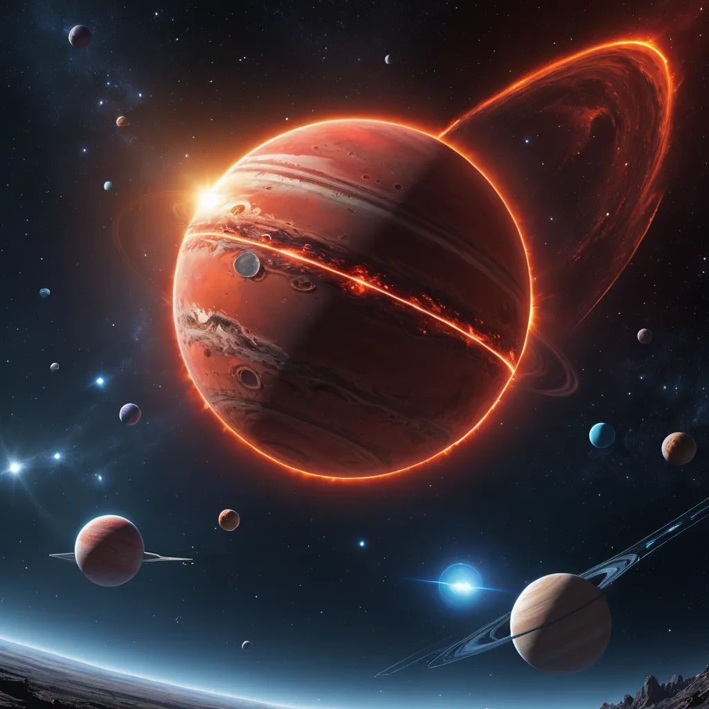 a solar system with a lot of planets in the background and a bright orange ring around it, with a bright red star in the middle, space art, a detailed matte painting, David A. Hardy, space