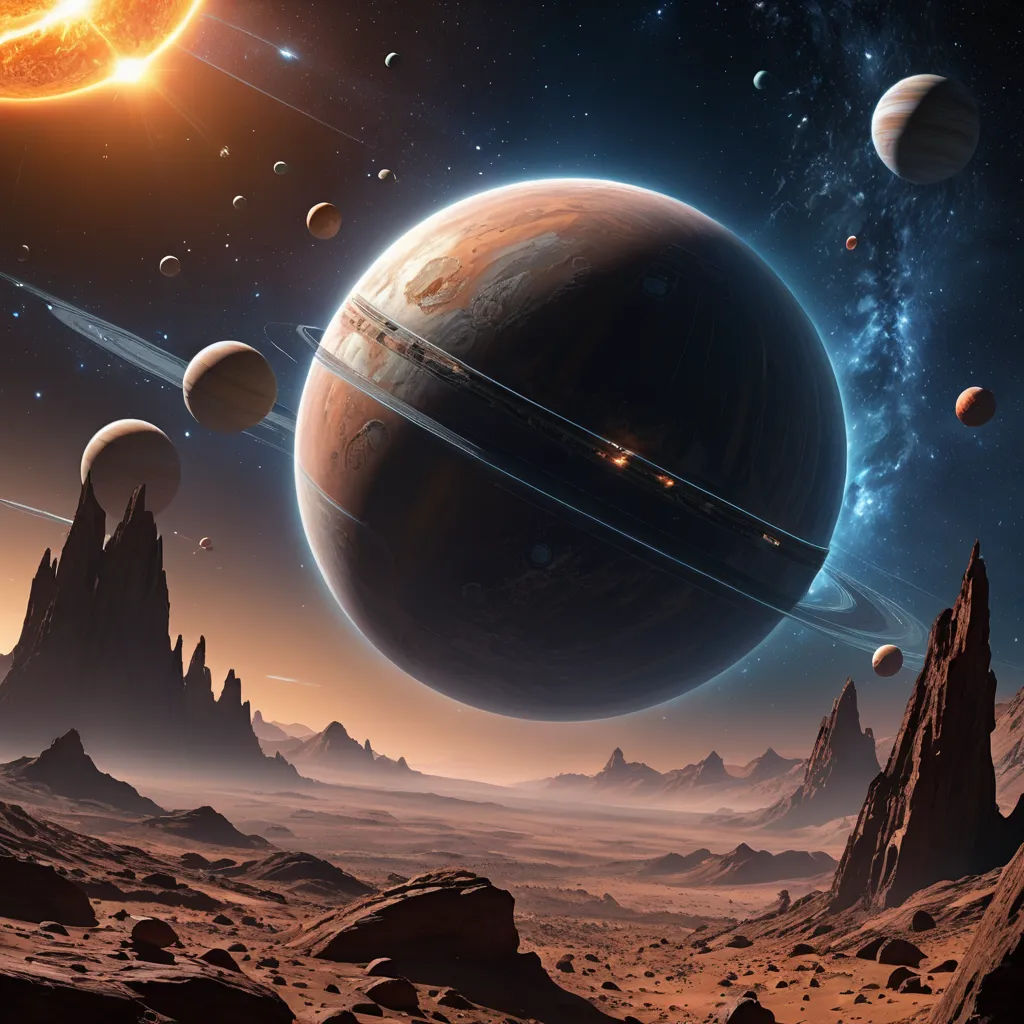 a painting of a planet with a group of planets in the background of the image, with mountains and rocks in the foreground, space art, a detailed matte painting, David A. Hardy, planets