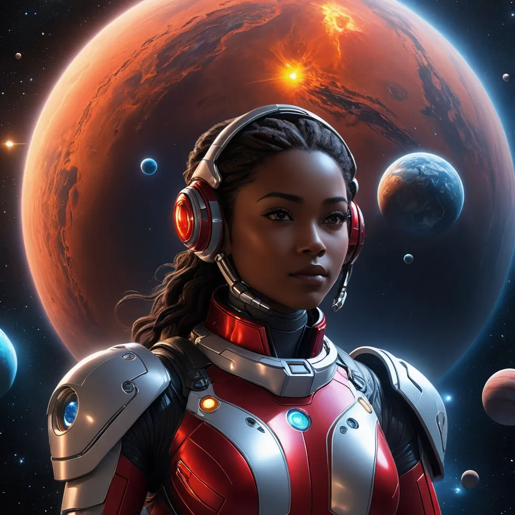 a woman in a space suit with headphones on and a planet in the background with a red sun, afrofuturism, a character portrait, Eve Ryder, comic cover art