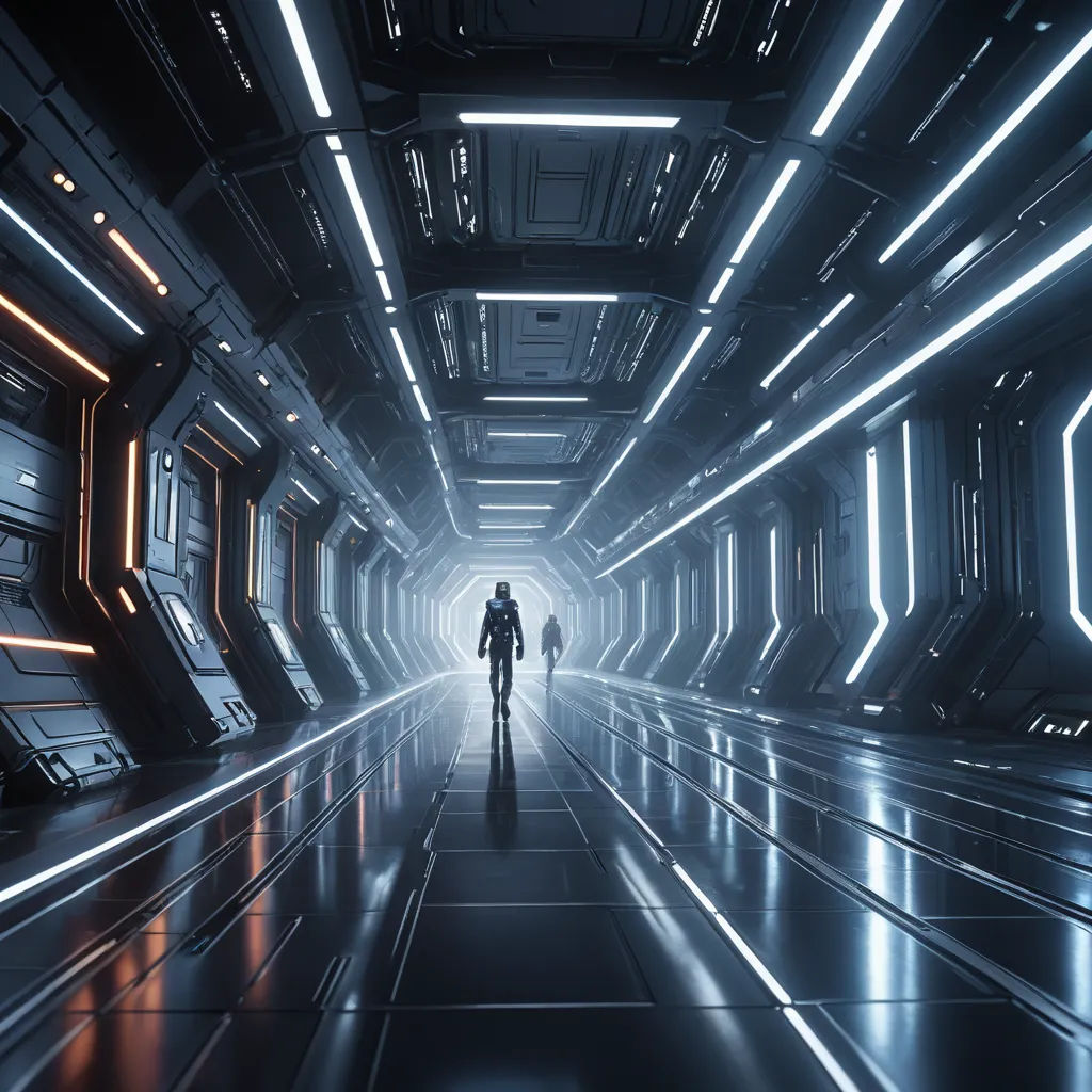 a couple of people that are standing in a tunnel together in the dark night time with neon lights on the ceiling, light and space, a 3D render, Filip Hodas, unreal engine 4k