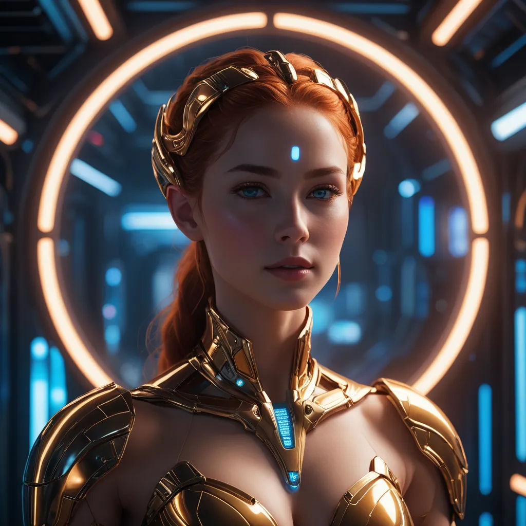 a woman in a futuristic suit with a glowing halo around her neck and shoulders, standing in front of a circular light, retrofuturism, computer graphics, Clint Cearley, rossdraws global illumination
