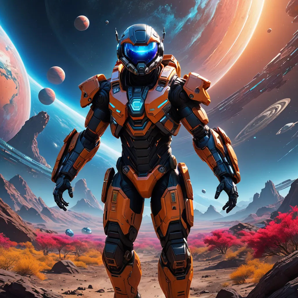 a sci - fil robot standing in a desert landscape with planets in the background and a distant sky, space art, concept art, Eve Ryder, key art
