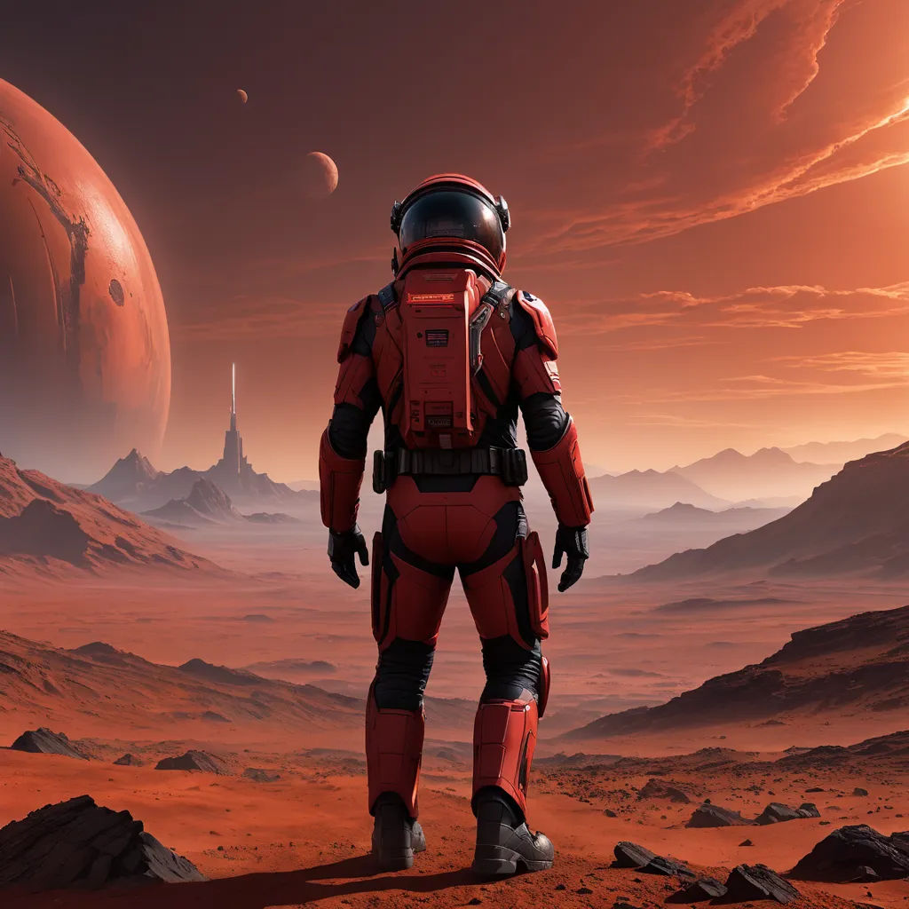 a man in a space suit standing on a red planet with a red sky and distant planets in the background, space art, a detailed matte painting, Filip Hodas, sci fi