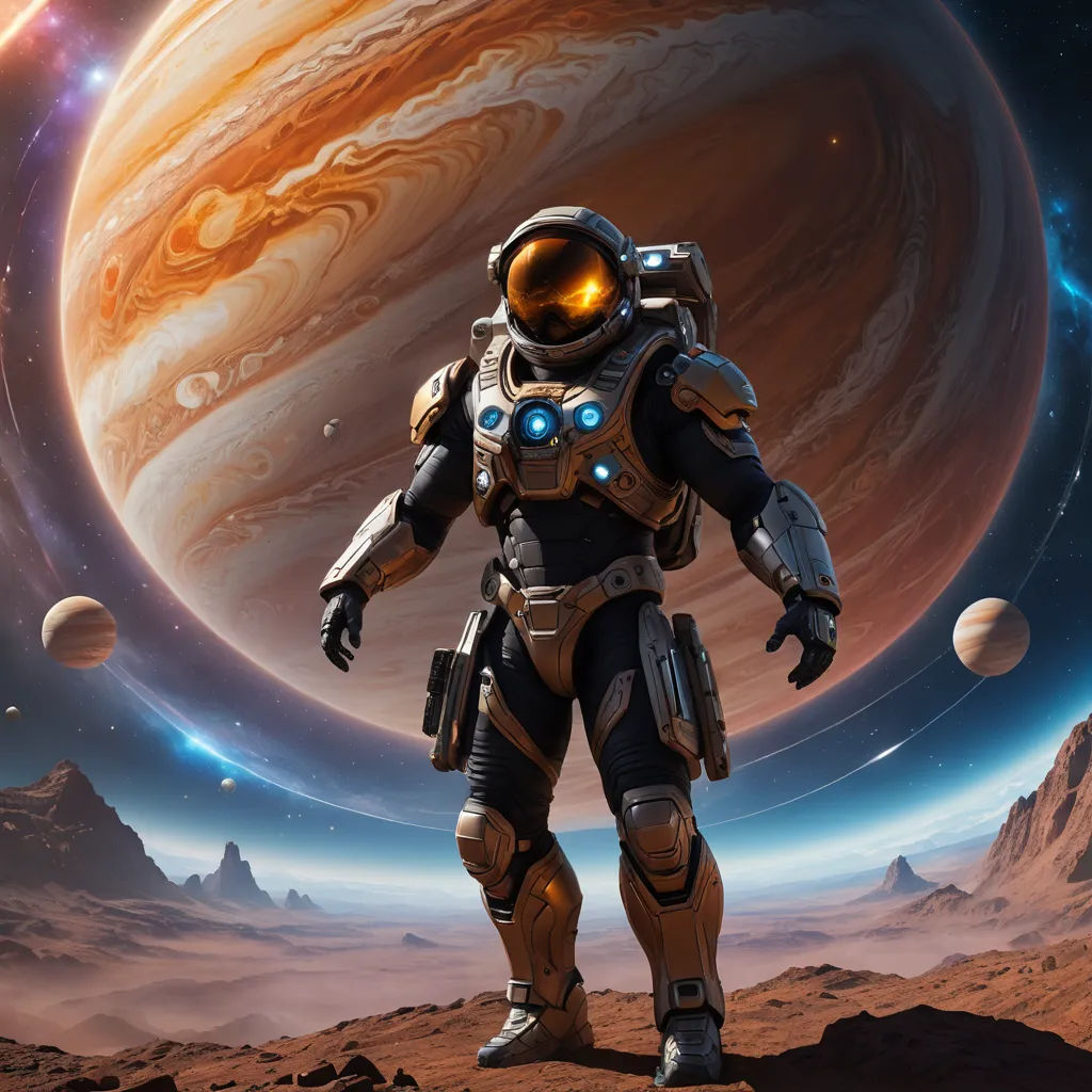 a man in a space suit standing on a planet with planets in the background and a large orange object in the sky, space art, computer graphics, Eve Ryder, unreal 5