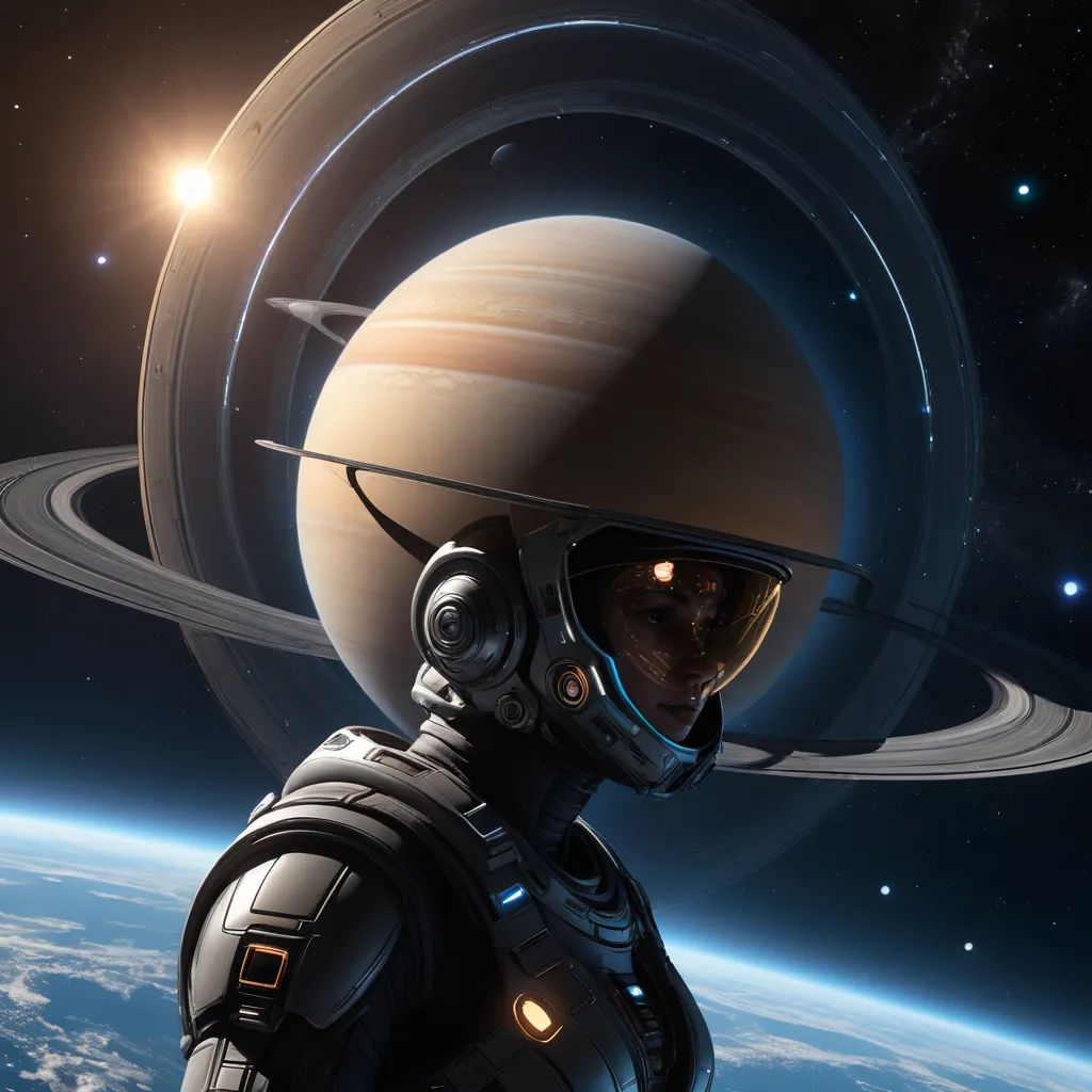a man in a space suit standing in front of a planet with saturn in the background and a ring around him, space art, computer graphics, Eve Ryder, star citizen halo