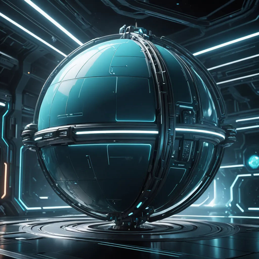 a futuristic space station with a large blue sphere on the floor and a bright light coming from the ceiling, retrofuturism, a 3D render, Beeple, cinema 4 d