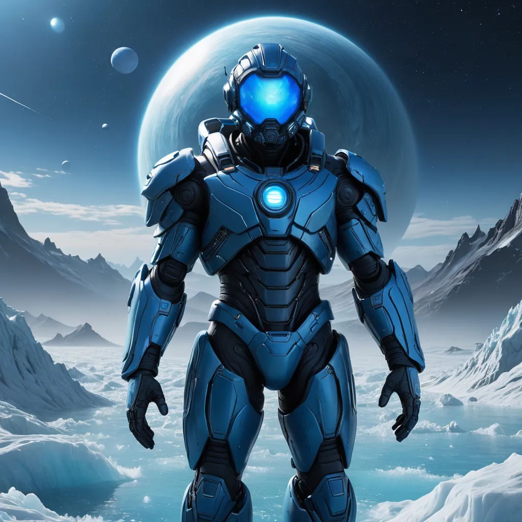 a sci - fil standing in a snowy landscape with a planet in the background and a blue light on his face, space art, concept art, Eve Ryder, star citizen halo