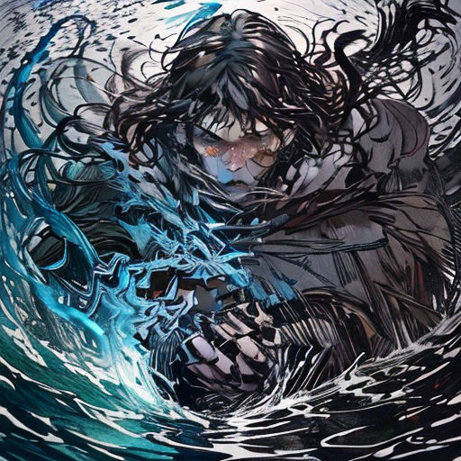 a man in a black and white outfit standing in a blue and white wave with his arms outstretched and his head in the water