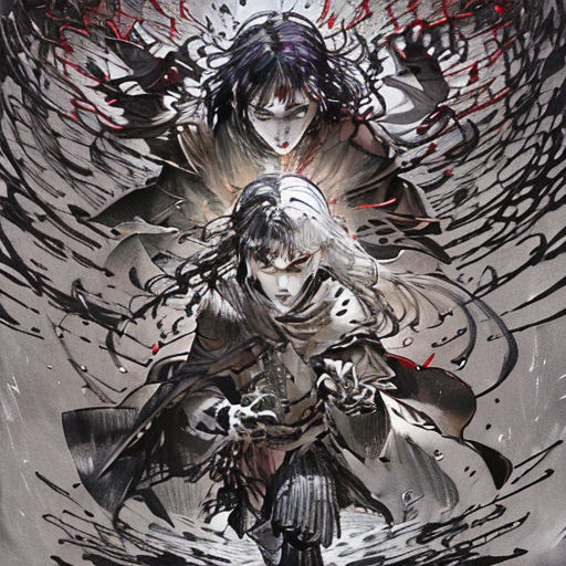 a couple of anime characters standing next to each other in the water with blood dripping from their hands and arms