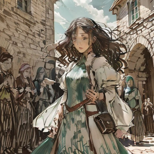 a woman in a dress walking down a street next to a crowd of people in medieval clothing and holding a sword