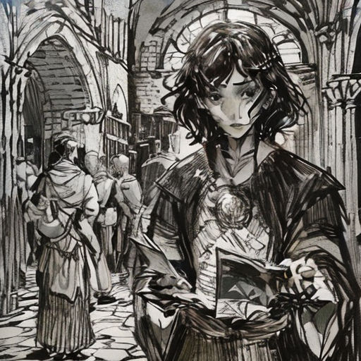 a drawing of a man standing in a hallway with a book in his hands and a woman standing next to him