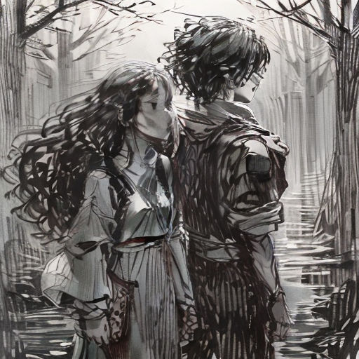 a couple of people standing next to each other in a forest with trees and water behind them, in a black and white drawing