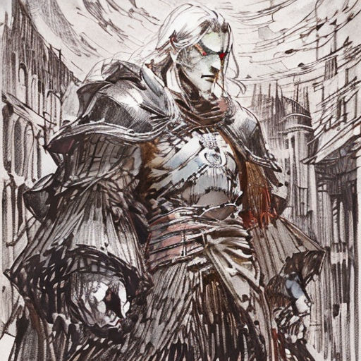 a drawing of a man in armor standing in front of a building with a sword in his hand and a demon on his arm