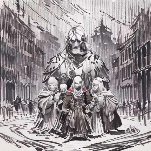 a drawing of a man in armor standing in a city street with two children on his lap and a woman holding a baby