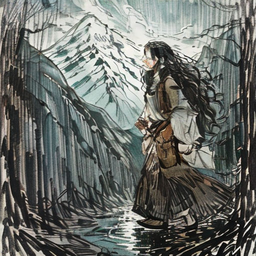 a woman in a long dress walking through a forest with a mountain in the background and a stream running through it