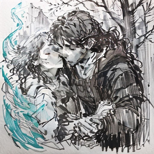 a drawing of a couple hugging in front of a tree with leaves on it and a building in the background