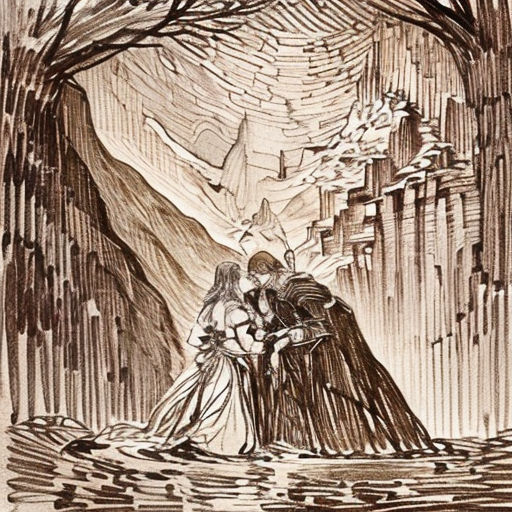 a drawing of a couple embracing in a cave with a waterfall in the background and a castle in the background