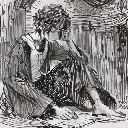 a drawing of a person sitting on the ground with a cell phone in their hand and a picture of a person sitting on the ground