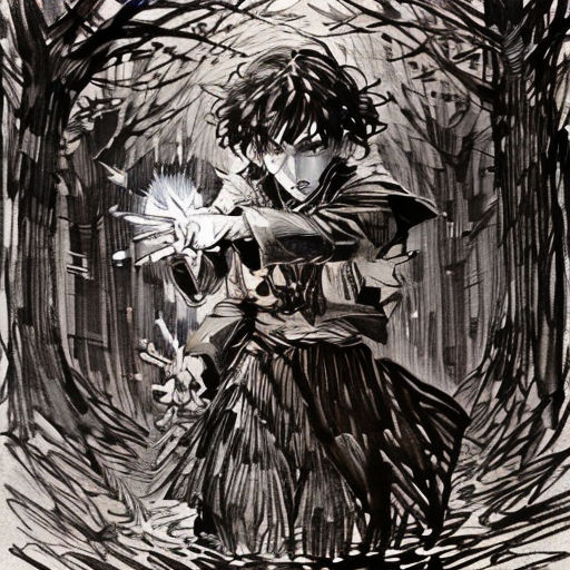 a drawing of a person holding a sword in a forest with trees and branches around them, with a black and white background