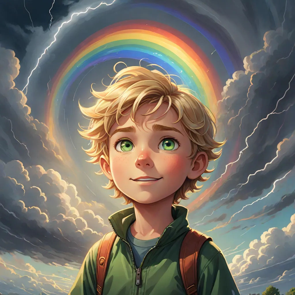 a boy with a backpack standing in front of a rainbow and clouds with a rainbow in the background and a rainbow in the sky, fantasy art, a character portrait, Aaron Jasinski, rossdraws global illumination