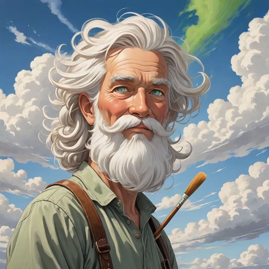 a painting of a man with a beard and a beard brush in his hand and a green sky with clouds, fantasy art, a character portrait, Aaron Jasinski, rossdraws global illumination