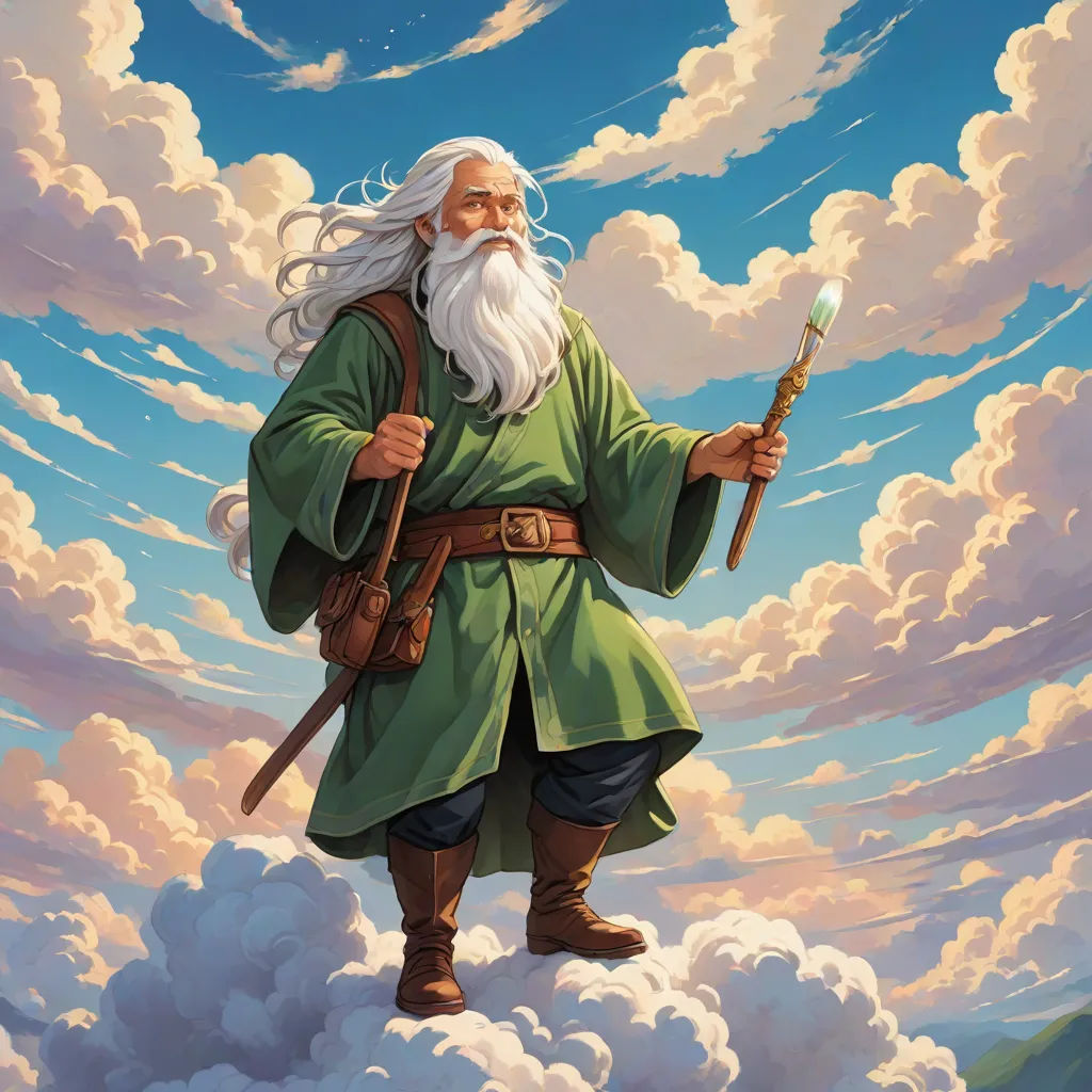 a painting of a man with a long white beard and beard, holding a staff and standing on a cloud covered sky, fantasy art, a detailed painting, Christophe Vacher, epic fantasy character art