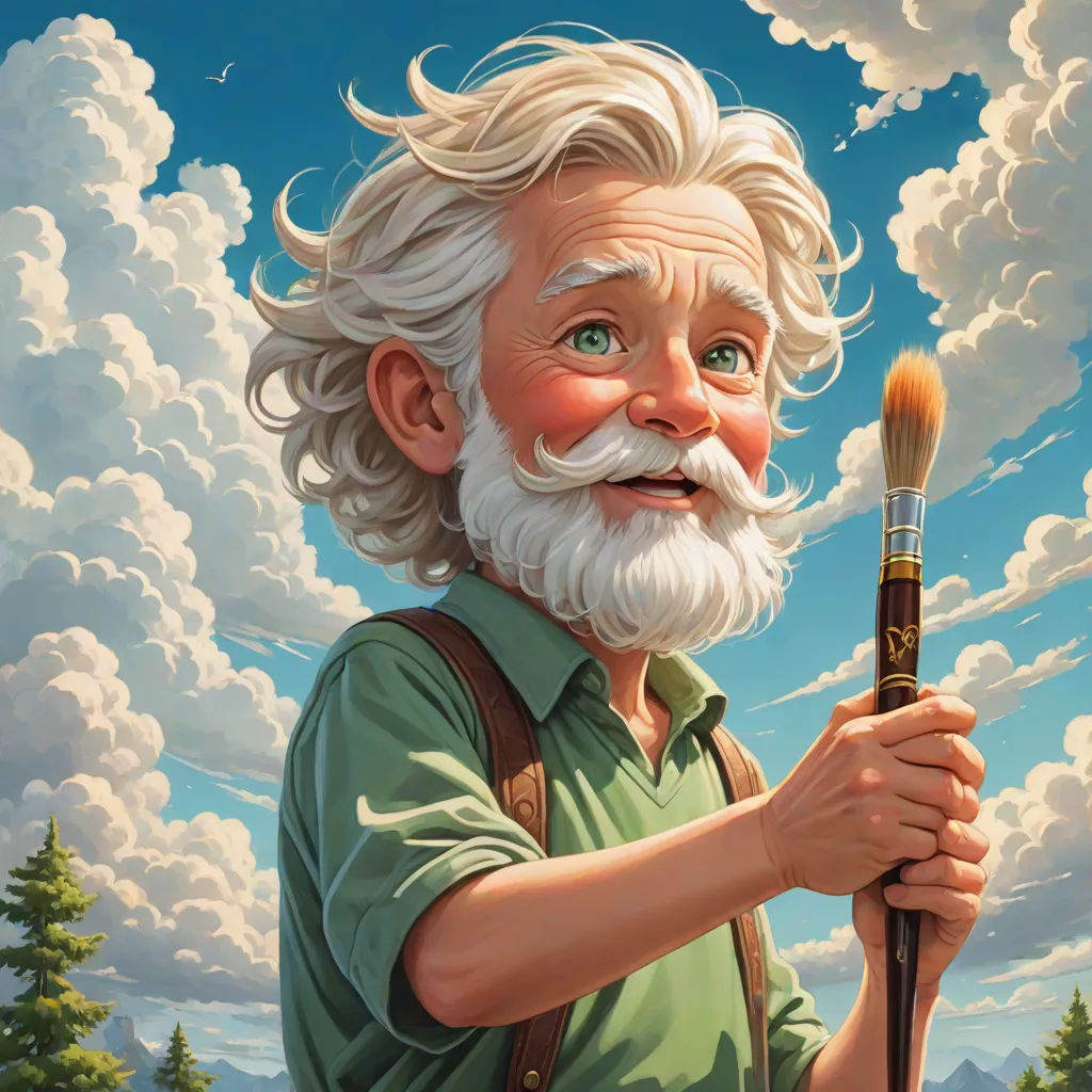 a painting of a man holding a brush and a painting of a sky with clouds behind him and a sky with clouds, fantasy art, an ultrafine detailed painting, Aaron Jasinski, highly detailed digital painting