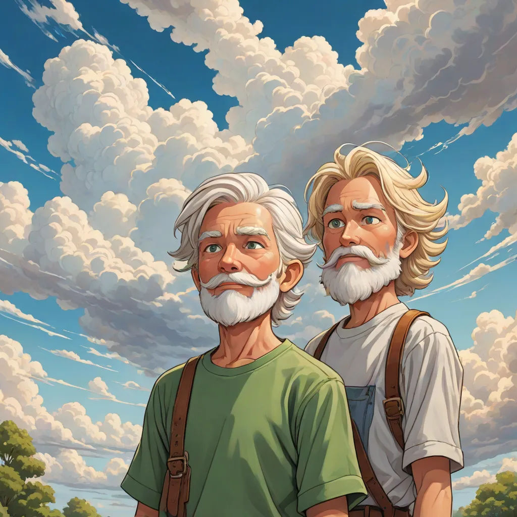 two men with white hair and beards standing next to each other in front of a cloudy sky with clouds, fantastic realism, a storybook illustration, Brothers Hildebrandt, official art