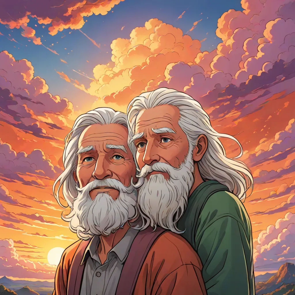two old men with long white hair and beards are standing in front of a sunset sky with clouds, incoherents, a detailed drawing, Brothers Hildebrandt, josan gonzales and dan mumford