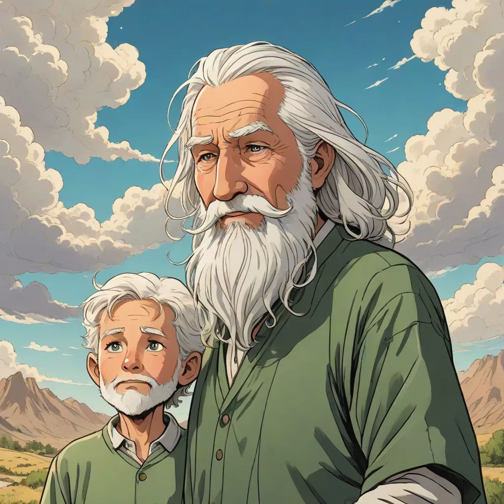 a man and a child are standing in front of a mountain range with clouds in the sky and a sky with clouds, fantasy art, a comic book panel, Brothers Hildebrandt, graphic novel