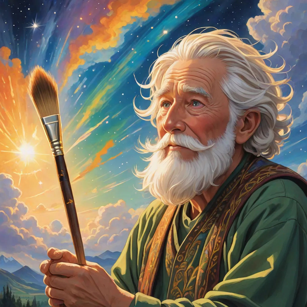 a painting of a man holding a brush and a painting of a sky with stars and clouds behind him, fantasy art, an airbrush painting, Donato Giancola, professional digital painting