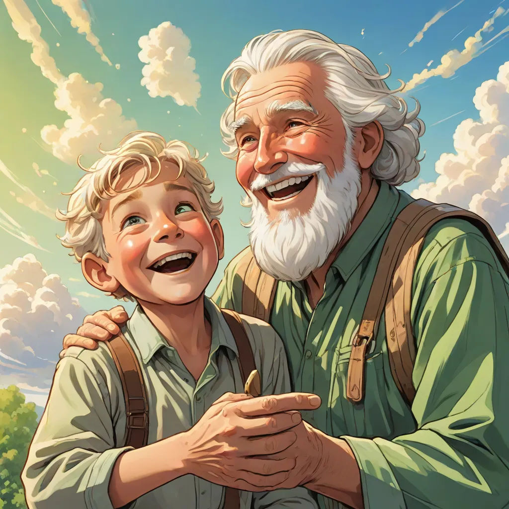 a man and a boy are smiling together in the sky with clouds behind them and a blue sky with white clouds, fantastic realism, a storybook illustration, Bob Byerley, rossdraws global illumination