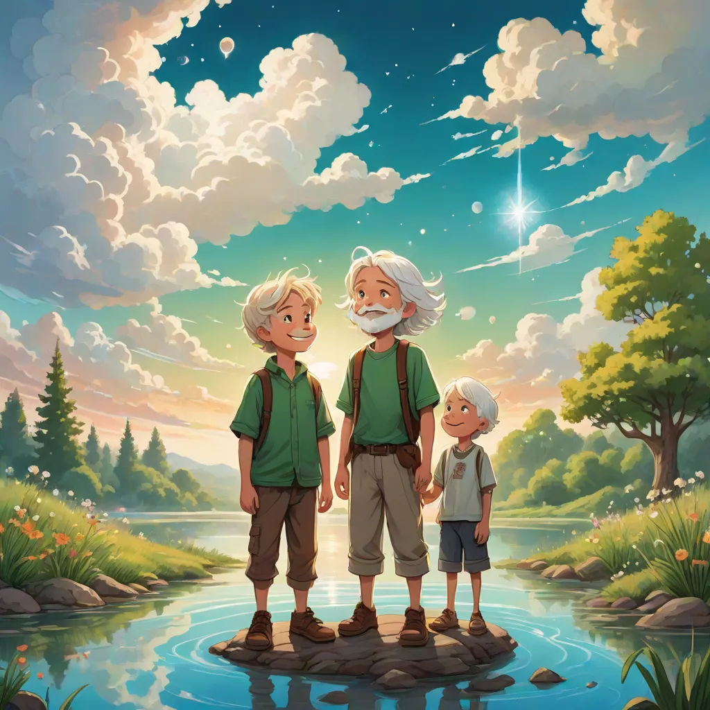 a painting of two older men and a young boy standing on a rock in a river with a sky background, fantasy art, a storybook illustration, Brothers Hildebrandt, official art