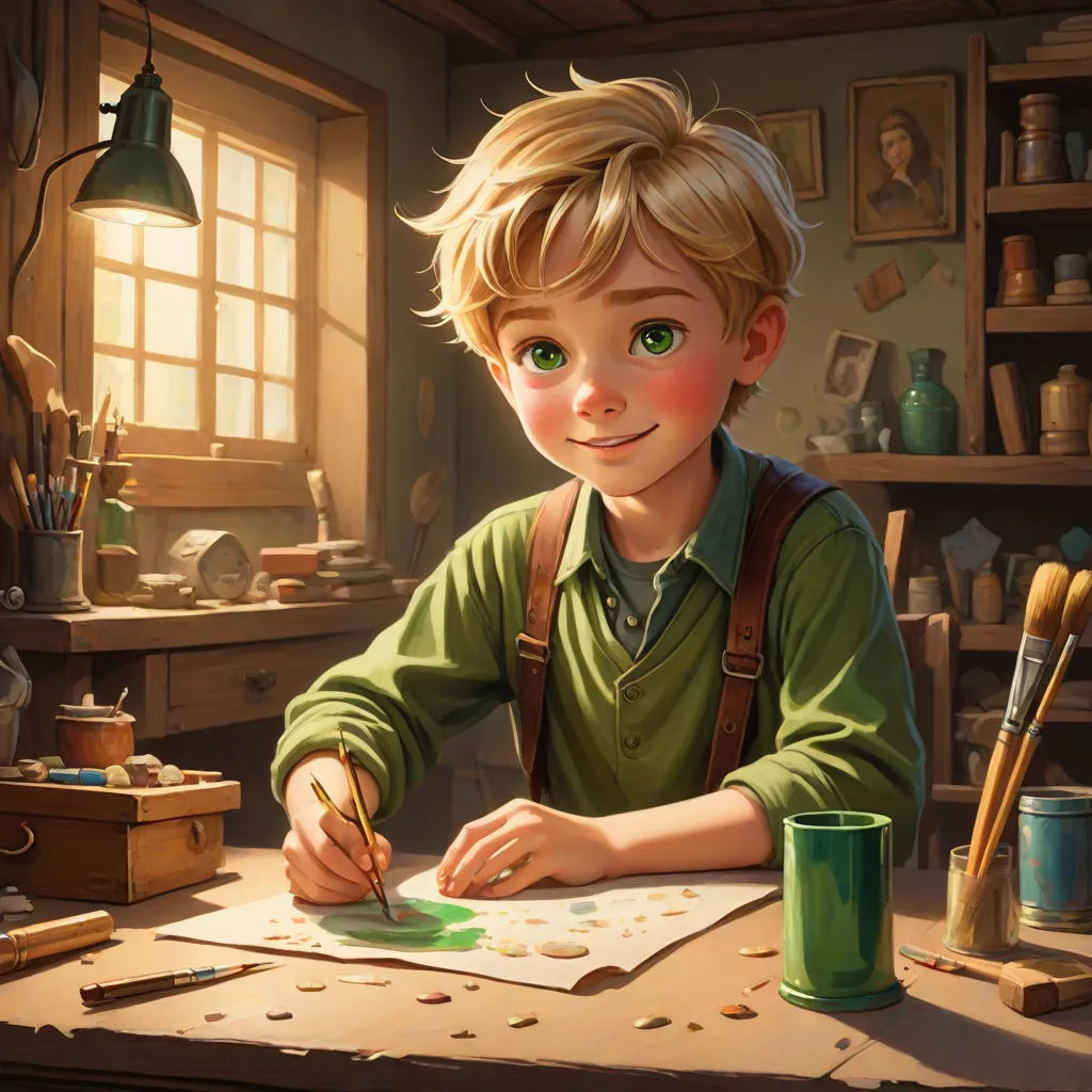 a boy is sitting at a table with a green cup and a green mug and a green brush and paper, fantasy art, a storybook illustration, Aaron Jasinski, rossdraws global illumination