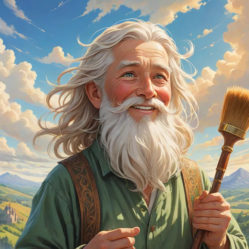 a painting of a man with a long white beard holding a brush in his hand and smiling at the camera, fantasy art, a character portrait, Aaron Jasinski, kinkade