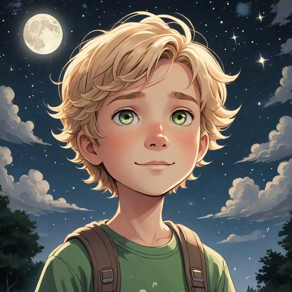 a boy with blonde hair and green eyes stares into the distance at the night sky with the moon in the background, space art, a character portrait, Aaron Jasinski, rossdraws global illumination