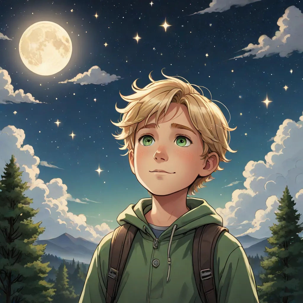 a boy with a backpack looking at the stars and the moon in the sky above him, with a full moon in the background, space art, a storybook illustration, Aaron Jasinski, official art